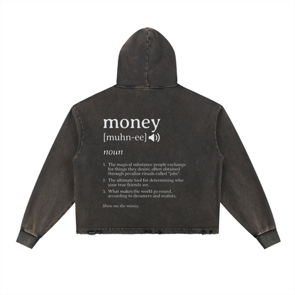 MONEY DEFINITION- Vintage Washed Frayed-Hem Hoodie
