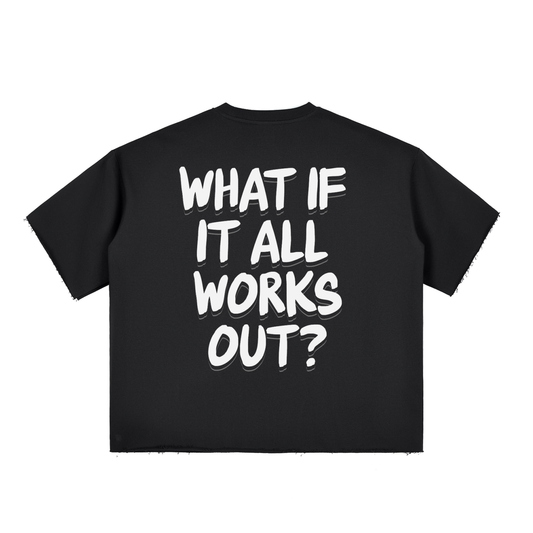 What If It All Works Out?- Black Boxy Half-Sleeve Raw-Edge T-Shirt