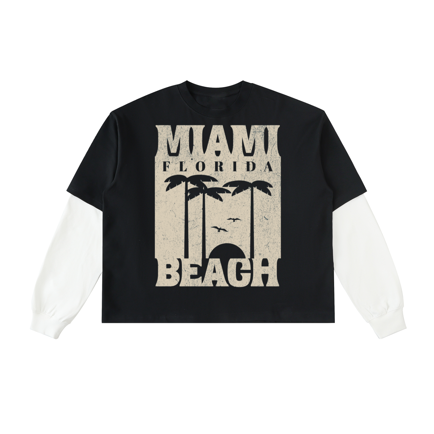 Miami Beach-Layered Contrast Sleeve Cotton T-Shirt