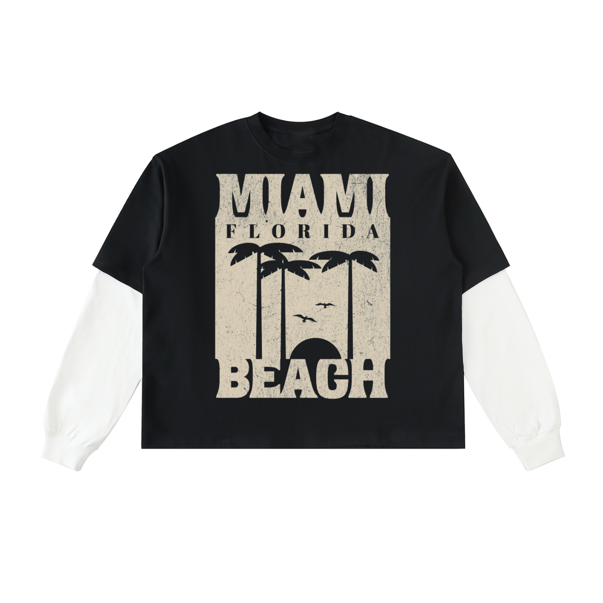 Miami Beach-Layered Contrast Sleeve Cotton T-Shirt