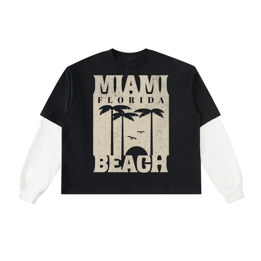Miami Beach-Layered Contrast Sleeve Cotton T-Shirt