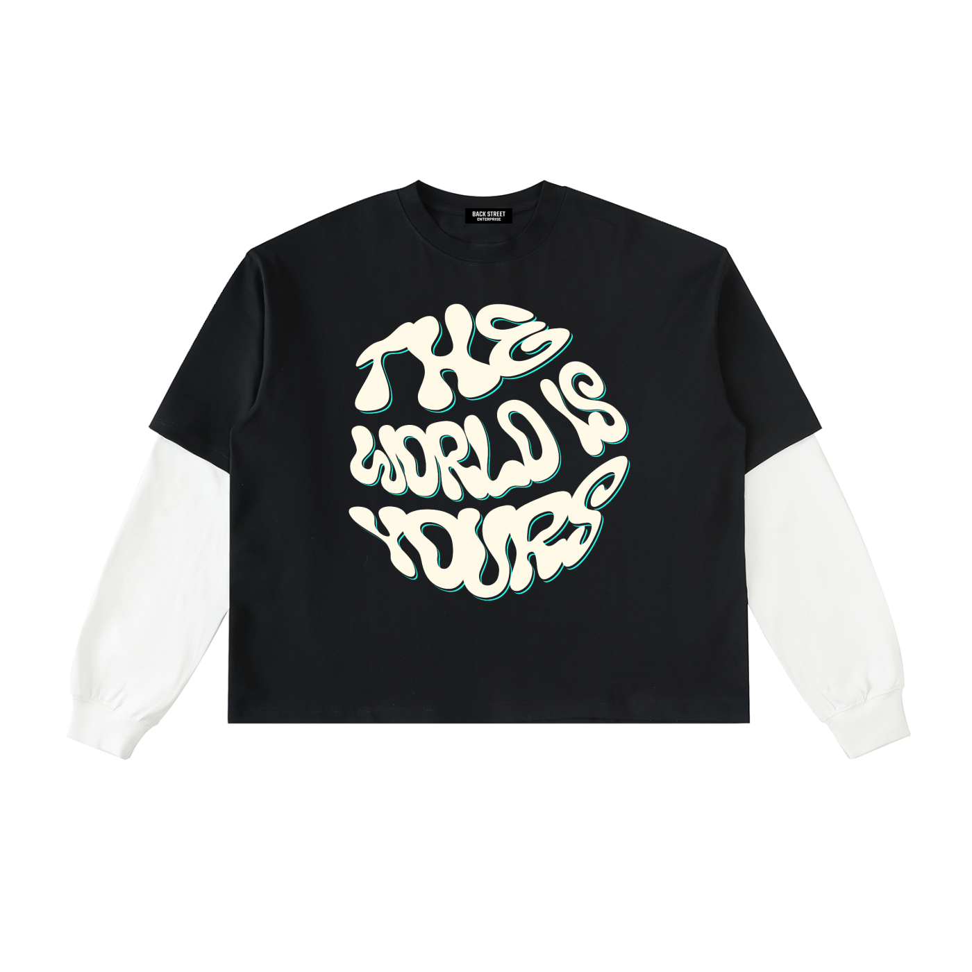 The World Is Yours- Layered Contrast Sleeve Cotton T-Shirt
