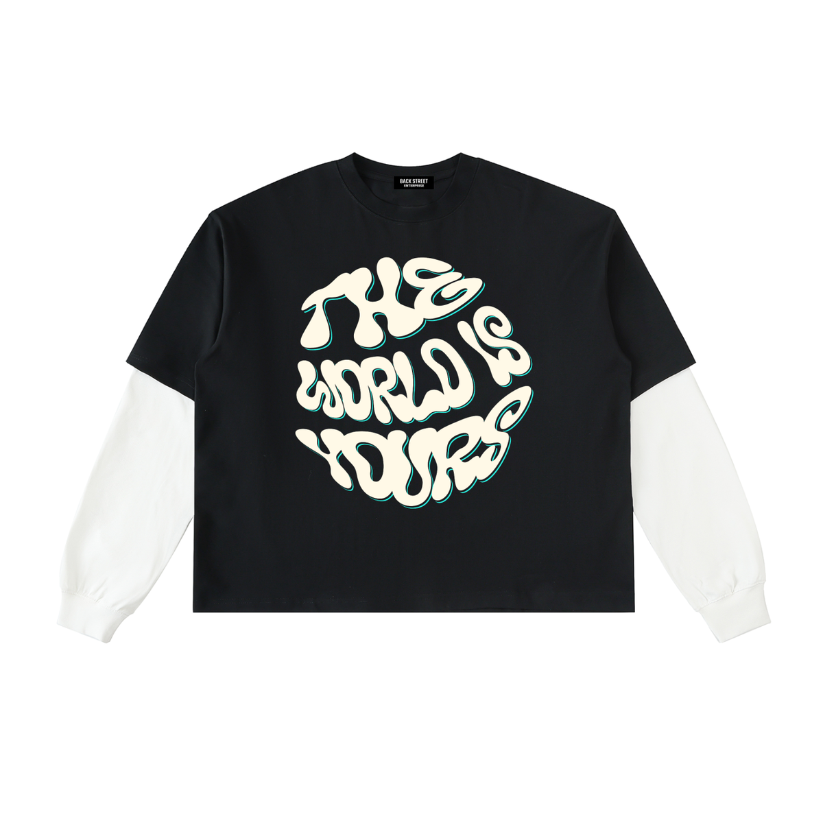 The World Is Yours- Layered Contrast Sleeve Cotton T-Shirt