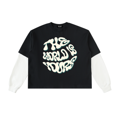 The World Is Yours- Layered Contrast Sleeve Cotton T-Shirt