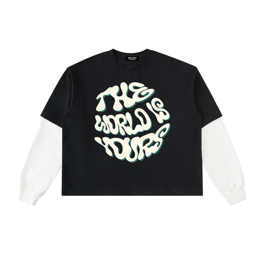 The World Is Yours- Layered Contrast Sleeve Cotton T-Shirt